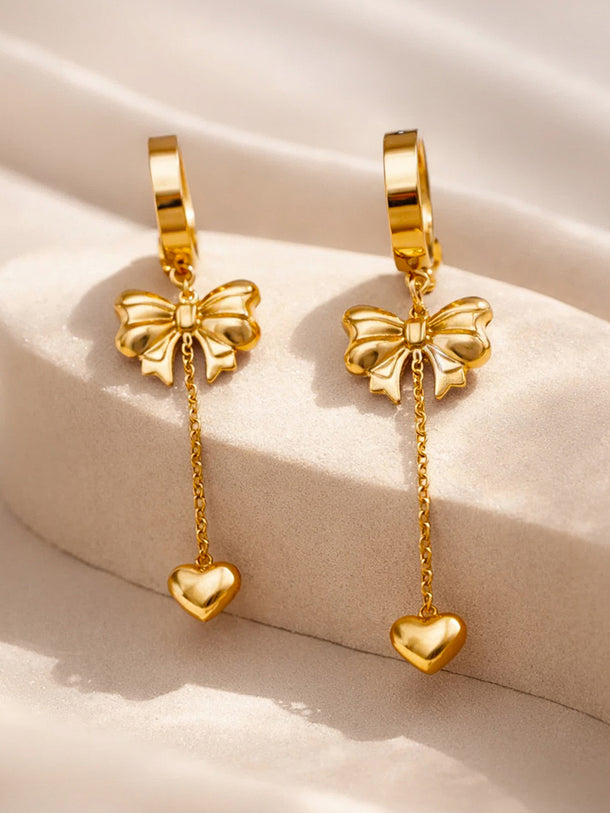 Demi Fine 18K Gold Plated Bow Chain Heart Drop Dangler Earrings | Anti Tarnish