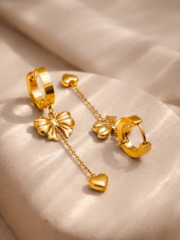 Demi Fine 18K Gold Plated Bow Chain Heart Drop Dangler Earrings | Anti Tarnish