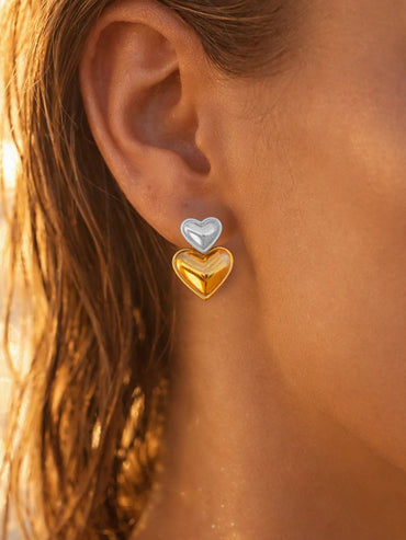 Demi Fine Dual Plated Double Heart Design Oversized Drop Earrings | Anti Tarnish