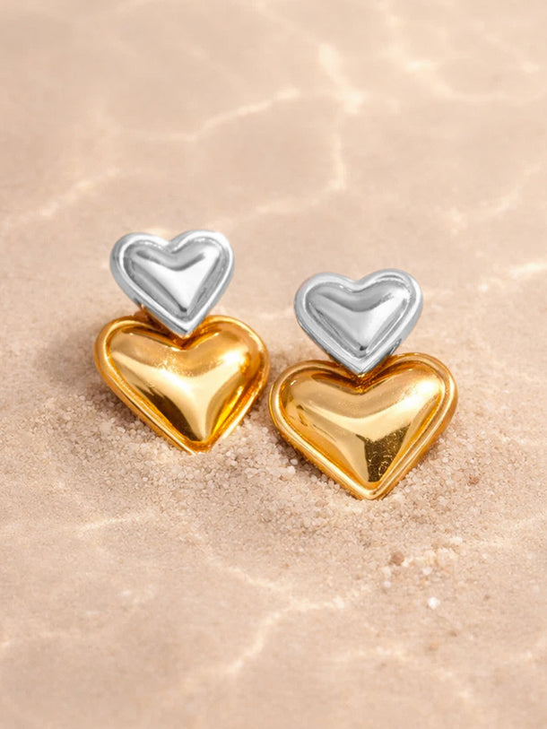 Demi Fine Dual Plated Double Heart Design Oversized Drop Earrings | Anti Tarnish