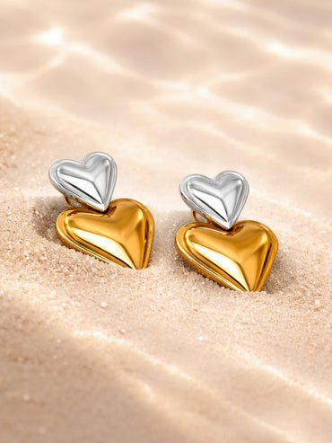 Demi Fine Dual Plated Double Heart Design Oversized Drop Earrings | Anti Tarnish