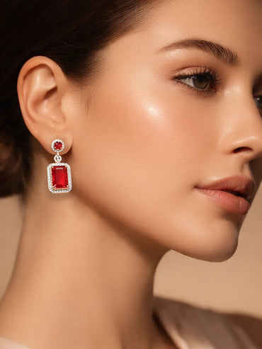 18K Gold Plated Ruby Crystal Halo Drop Earrings | Anti Tarnish