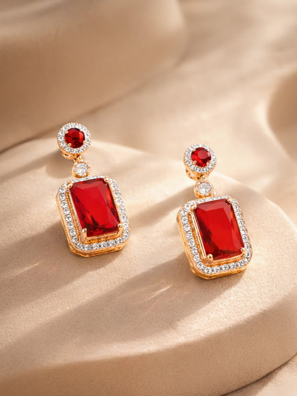 18K Gold Plated Ruby Crystal Halo Drop Earrings | Anti Tarnish
