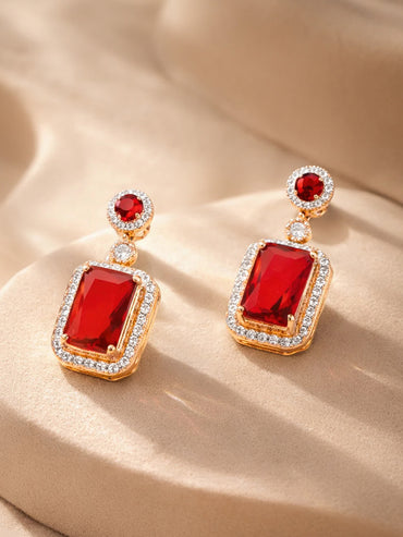 18K Gold Plated Ruby Crystal Halo Drop Earrings | Anti Tarnish