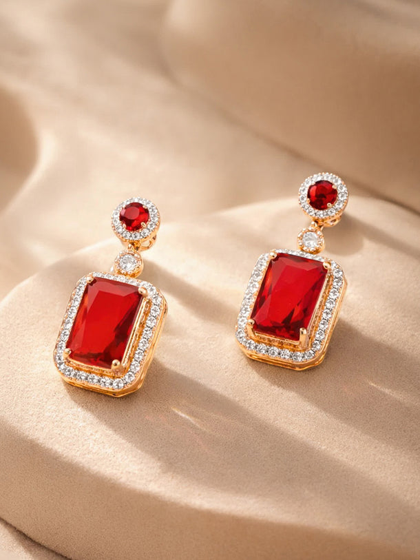 18K Gold Plated Ruby Crystal Halo Drop Earrings | Anti Tarnish