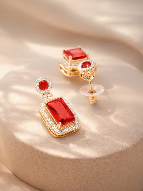 18K Gold Plated Ruby Crystal Halo Drop Earrings | Anti Tarnish