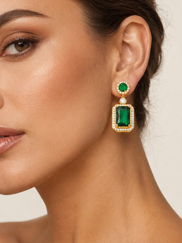 18K Gold Plated Emerald Crystal Halo Drop Earrings | Anti Tarnish
