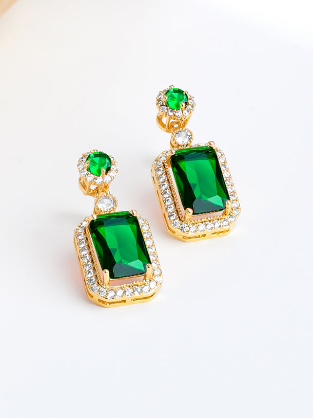 18K Gold Plated Emerald Crystal Halo Drop Earrings | Anti Tarnish