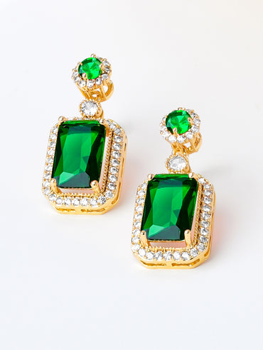18K Gold Plated Emerald Crystal Halo Drop Earrings | Anti Tarnish