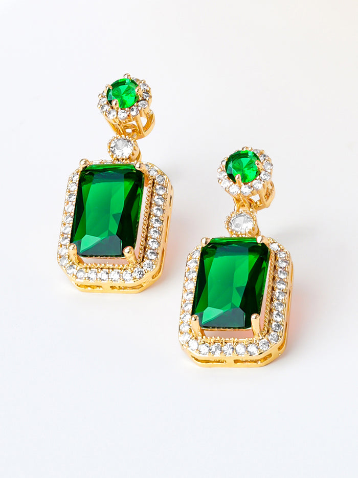 18K Gold Plated Emerald Crystal Halo Drop Earrings | Anti Tarnish