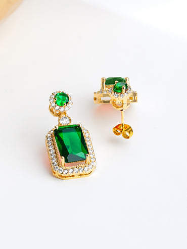 18K Gold Plated Emerald Crystal Halo Drop Earrings | Anti Tarnish