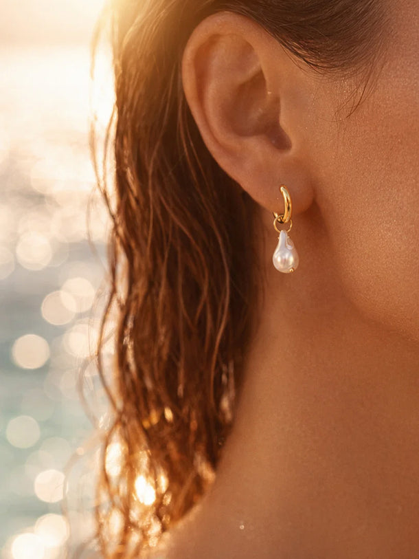 Demi Fine 18K Gold Plated Baroque Pearl Drop Hoop Earrings | Anti Tarnish