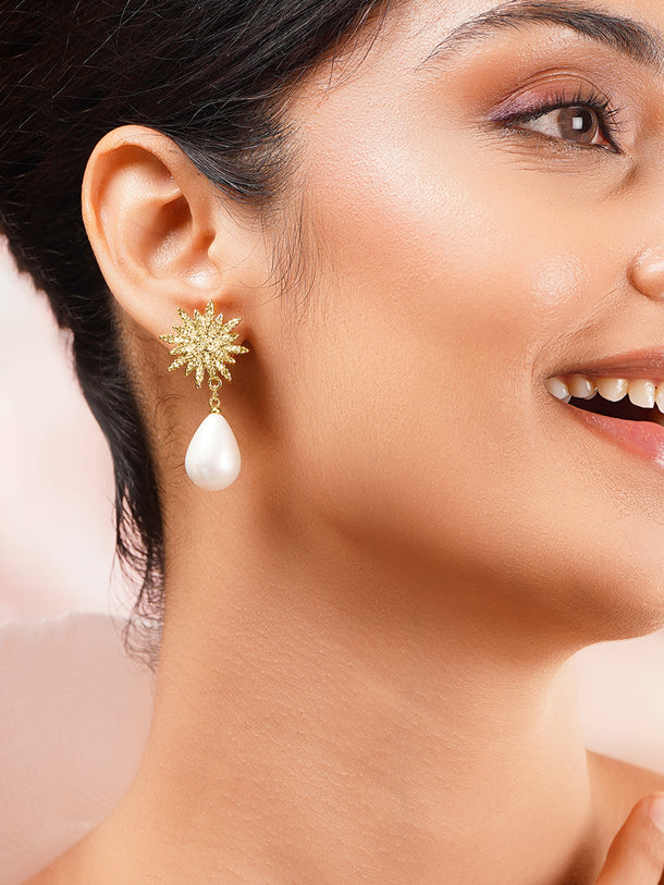 Gold Plated Star Motif Pearl Drop Earrings
