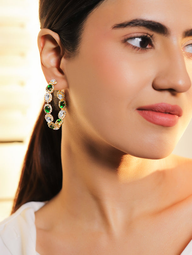 Green & White Studded Gold Hoop Earrings