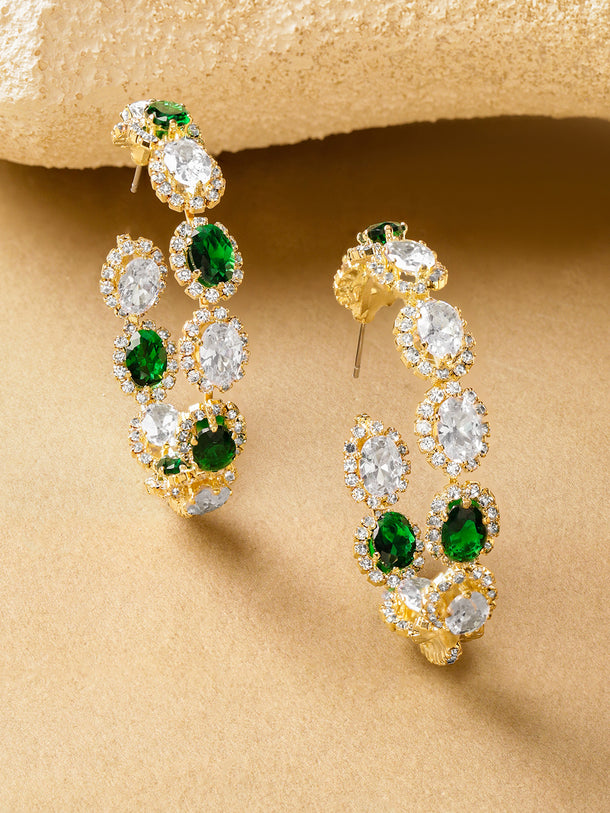 Green & White Studded Gold Hoop Earrings