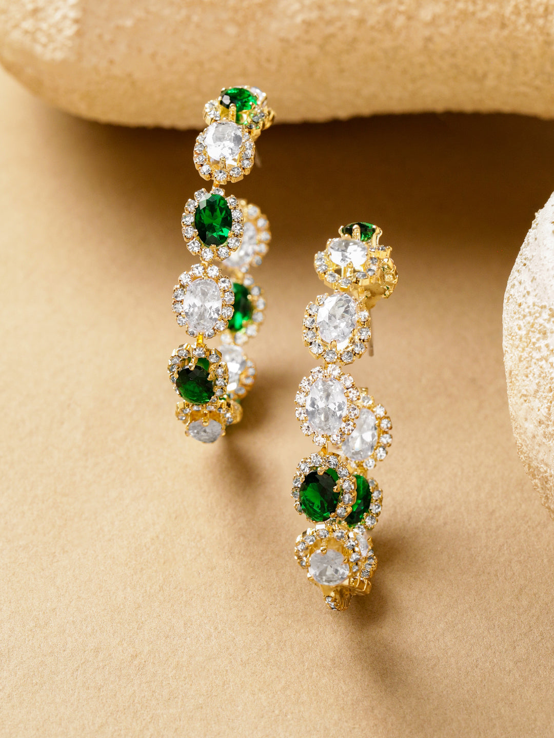 Rubans 18K Gold-Plated Brass Emerald Green & Crystal Zirconia Studded Hoop Earrings