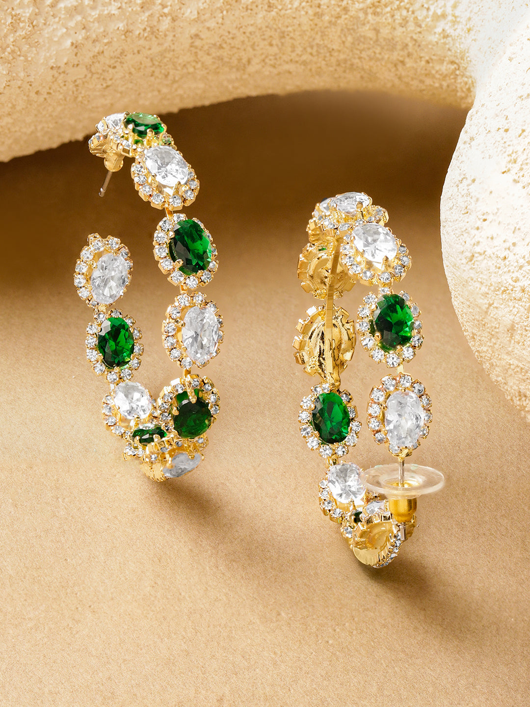 Rubans 18K Gold-Plated Brass Emerald Green & Crystal Zirconia Studded Hoop Earrings