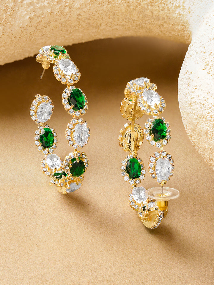 Rubans 18K Gold-Plated Brass Emerald Green & Crystal Zirconia Studded Hoop Earrings