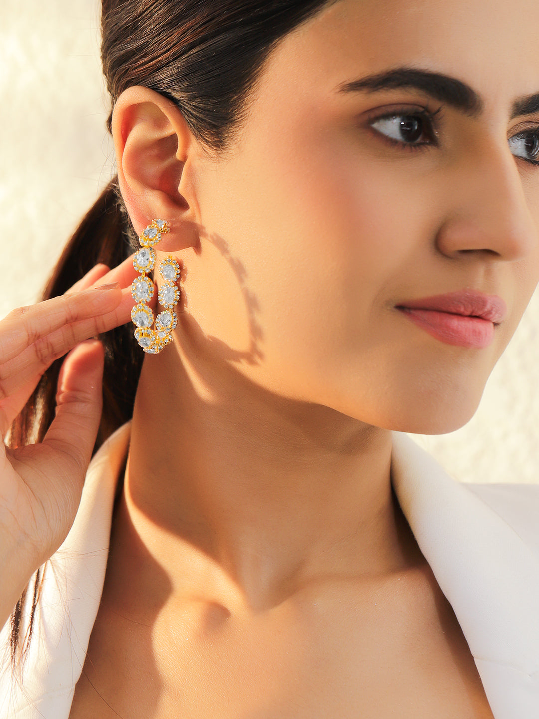 Rubans 18K Gold-Plated Crystal Studded Oval Shaped Half Hoop Earrings