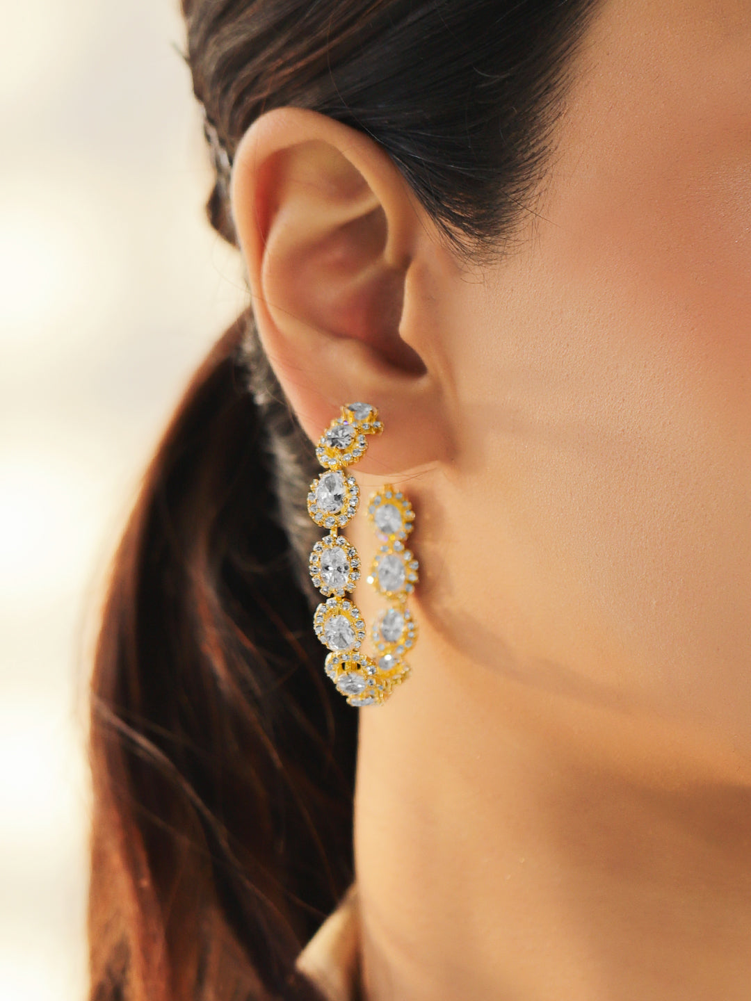 Rubans 18K Gold-Plated Crystal Studded Oval Shaped Half Hoop Earrings