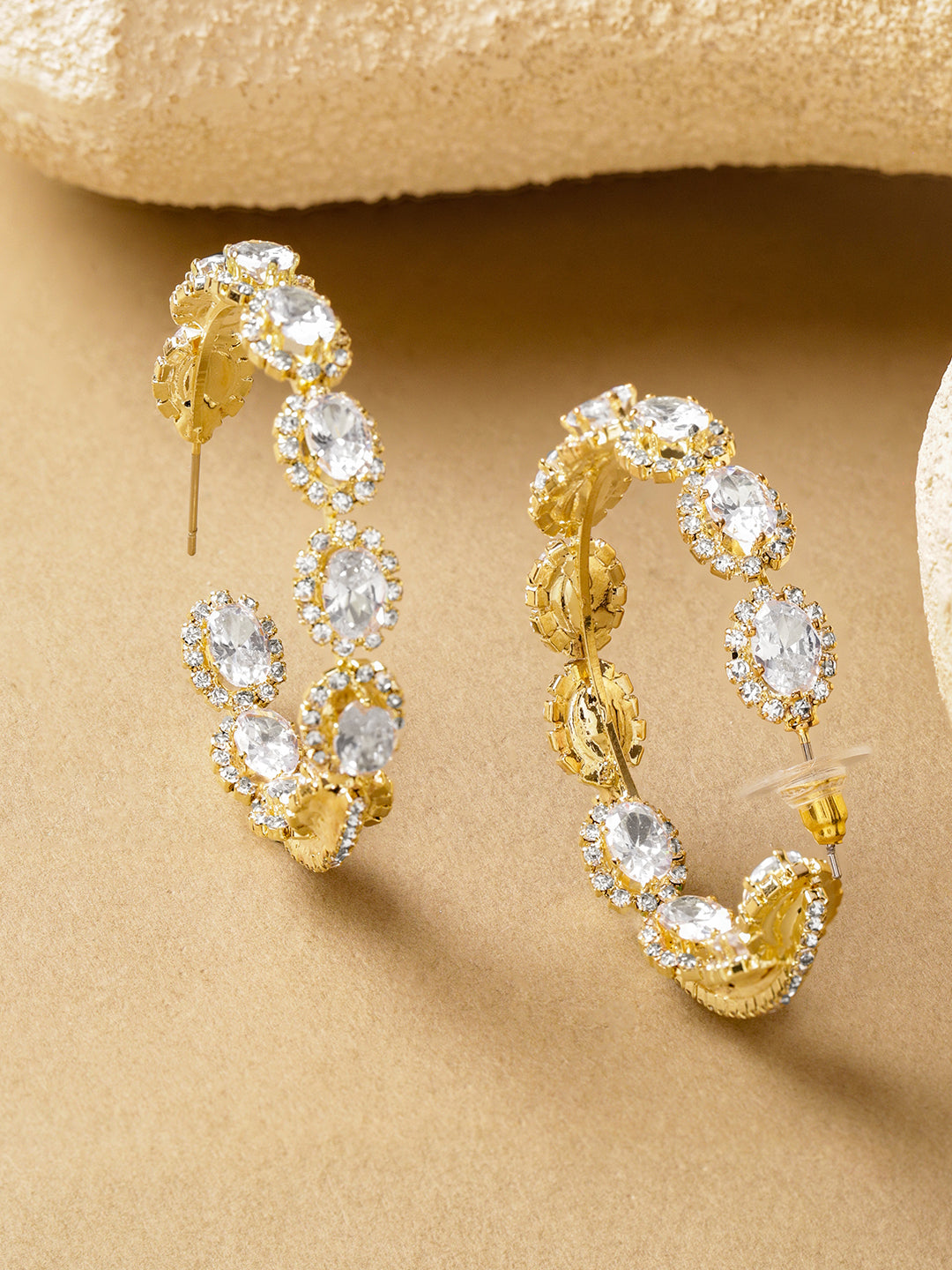 Rubans 18K Gold-Plated Crystal Studded Oval Shaped Half Hoop Earrings
