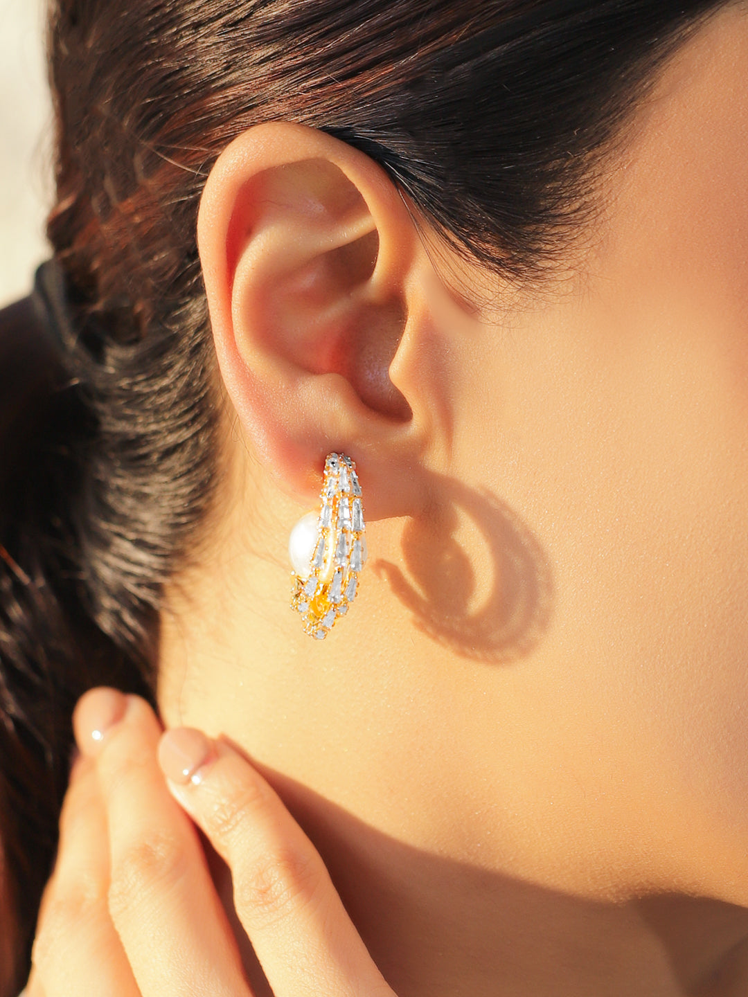 Rubans 18K Gold Plated Brass White Pearl & Cubic Zirconia Baguette Hoop Earrings