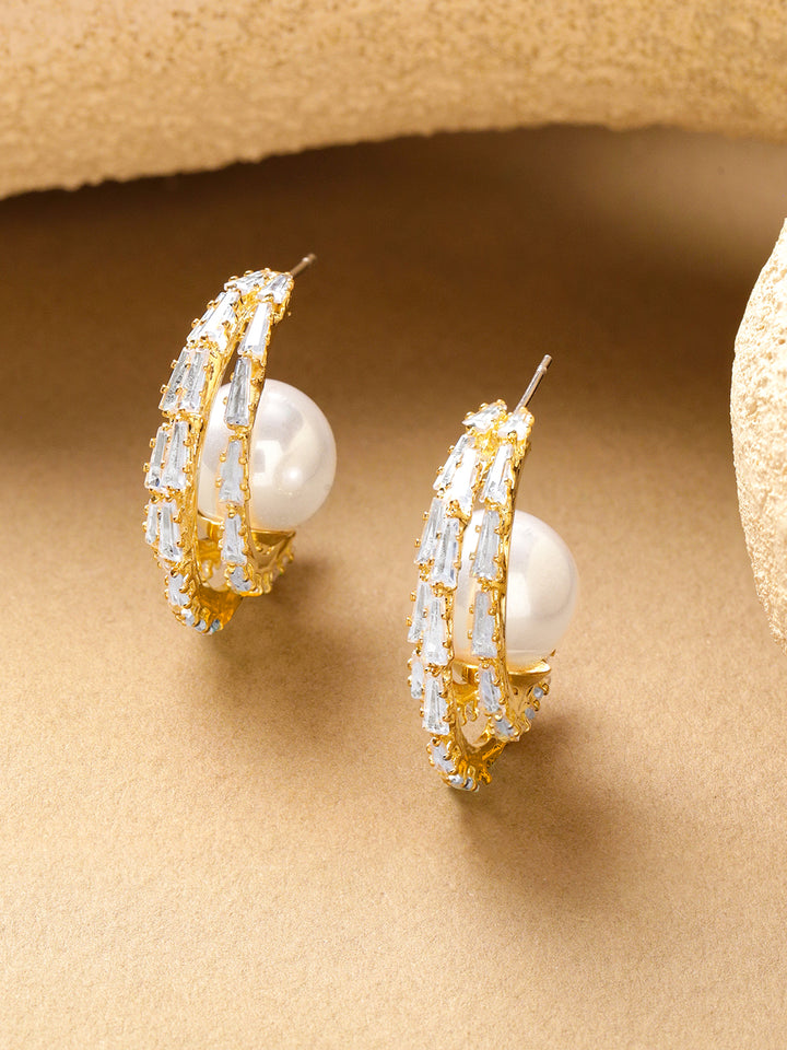 Rubans 18K Gold Plated Brass White Pearl & Cubic Zirconia Baguette Hoop Earrings
