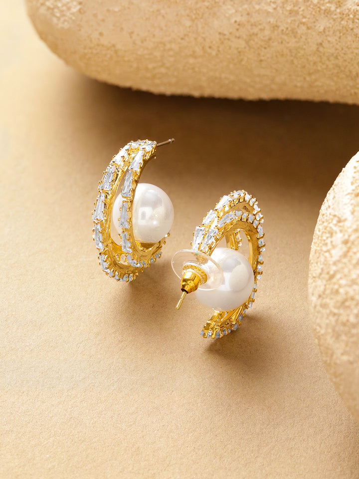 Rubans 18K Gold Plated Brass White Pearl & Cubic Zirconia Baguette Hoop Earrings