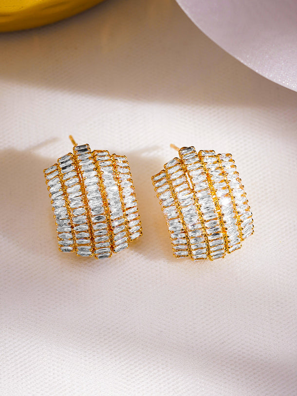Rubans 18K Gold-Plated Baguette Cubic Zirconia Stud Earrings with Luxe Cluster Design