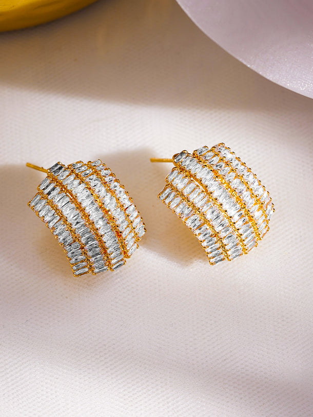 Rubans 18K Gold-Plated Baguette Cubic Zirconia Stud Earrings with Luxe Cluster Design