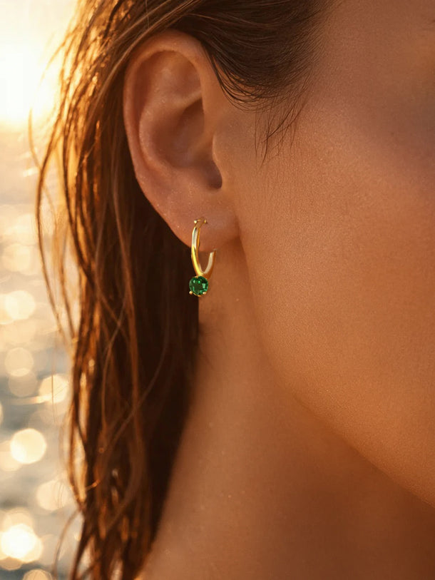 Demi Fine 18K Gold Plated Minimal Emerald Drops Hoop Earrings | Anti Tarnish