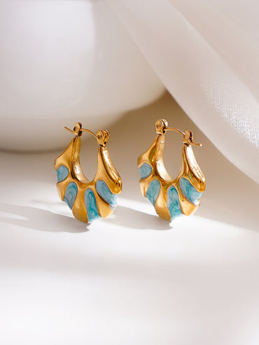 Demifine 18K Gold Plated Stainless steel Turquoise Enamel Pattern Hoops