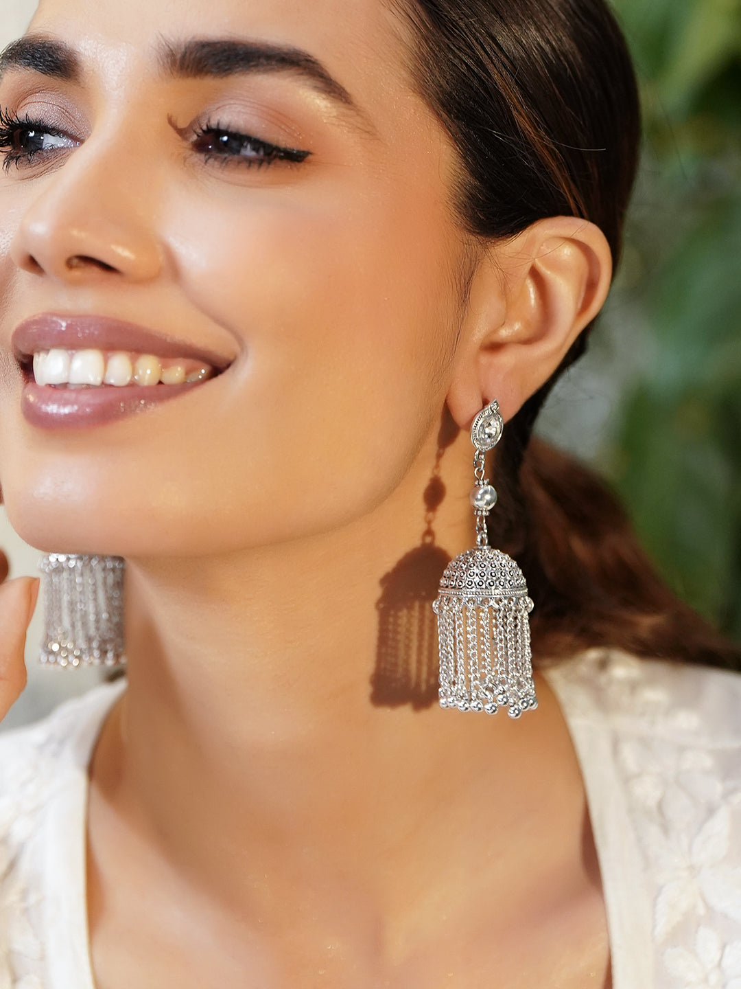 Oxidised Dome Jhumkas with Chain Tassels