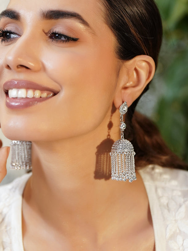 Oxidised Dome Jhumkas with Chain Tassels