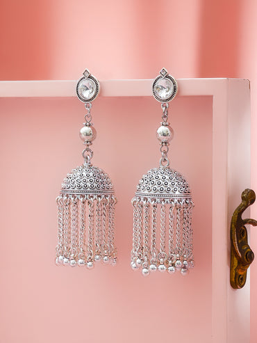 Oxidised Dome Jhumkas with Chain Tassels