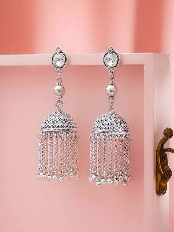 Oxidised Dome Jhumkas with Chain Tassels