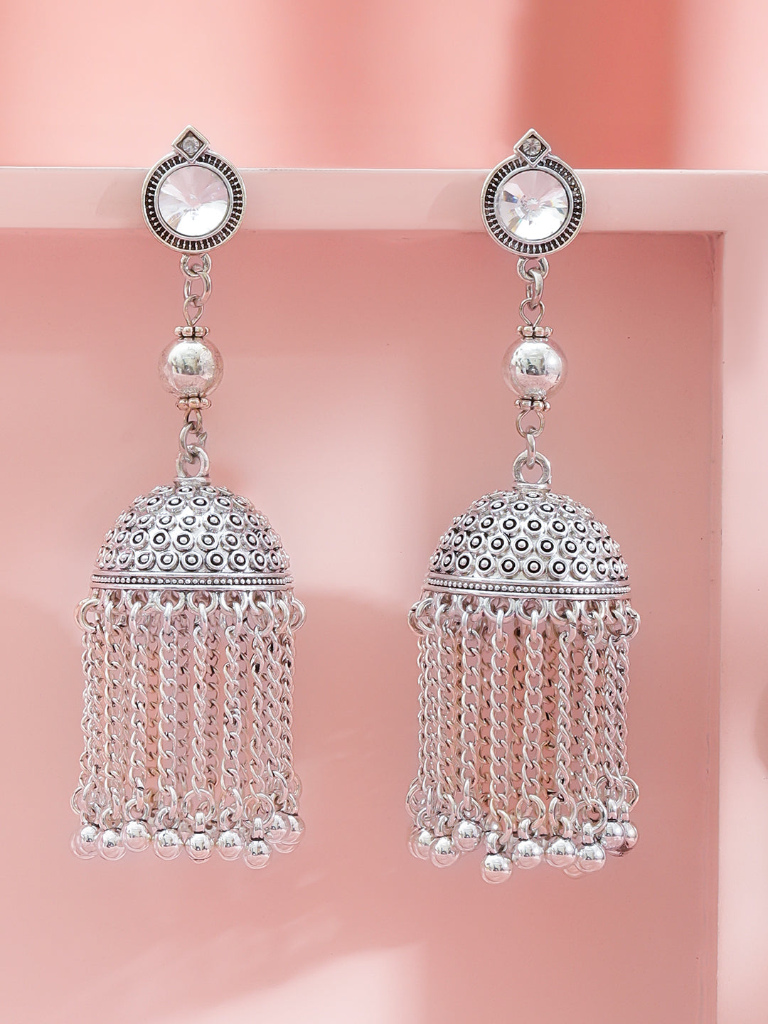 Oxidised Dome Jhumkas with Chain Tassels