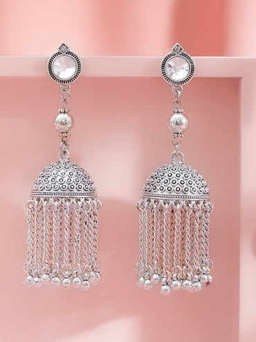 Oxidised Dome Jhumkas with Chain Tassels