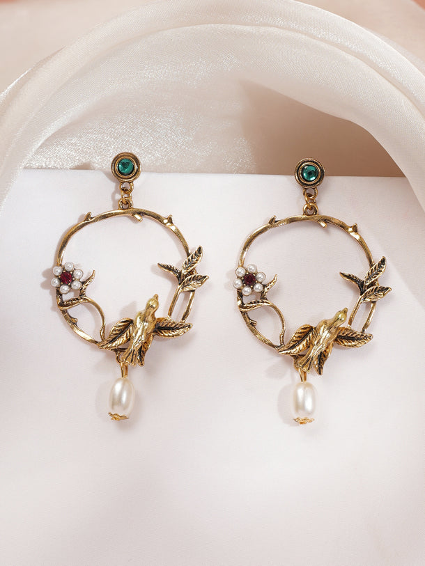Gold Plated Bird Motif Floral Pearl Dangler Earrings