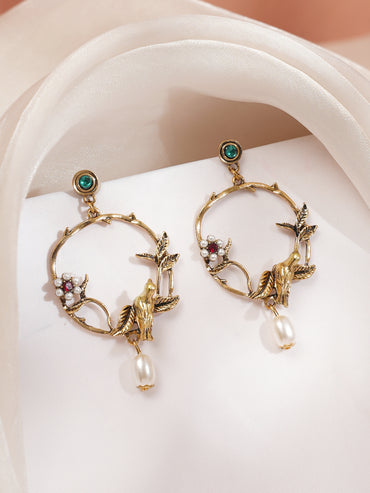 Gold Plated Bird Motif Floral Pearl Dangler Earrings
