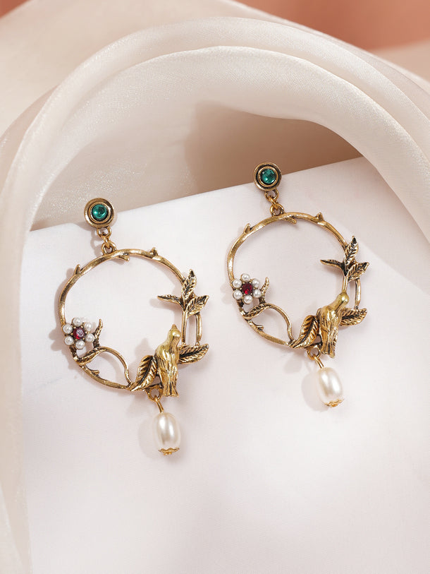 Gold Plated Bird Motif Floral Pearl Dangler Earrings