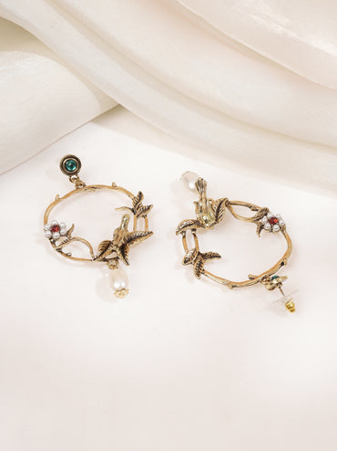 Gold Plated Bird Motif Floral Pearl Dangler Earrings