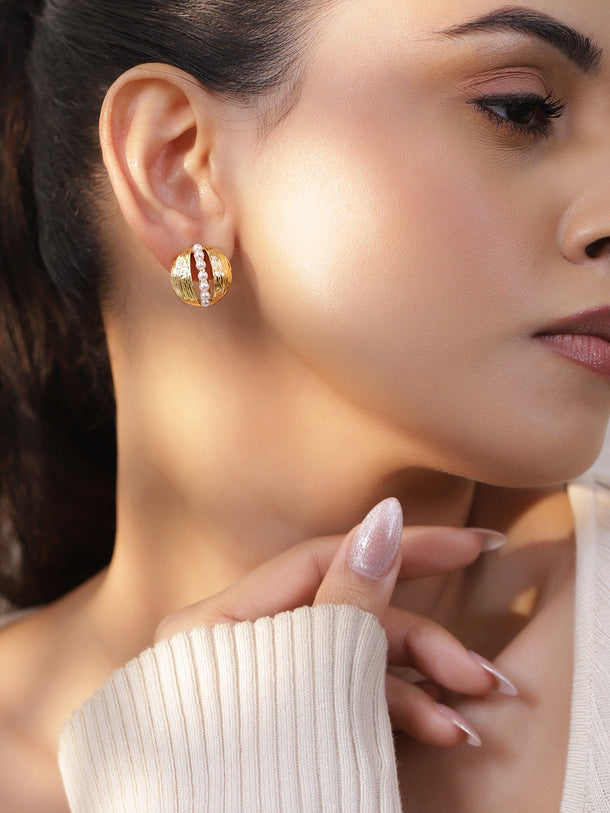 Gold Dome Stud Earrings With Pearls