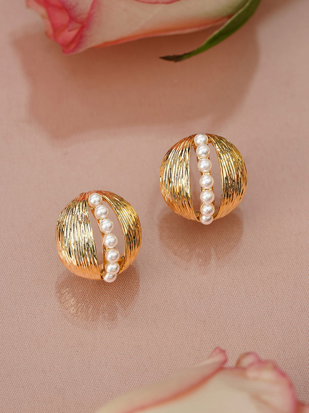 Gold Dome Stud Earrings With Pearls