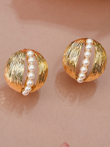 Gold Dome Stud Earrings With Pearls