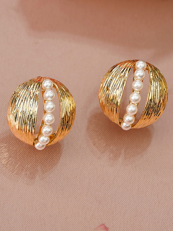 Gold Dome Stud Earrings With Pearls