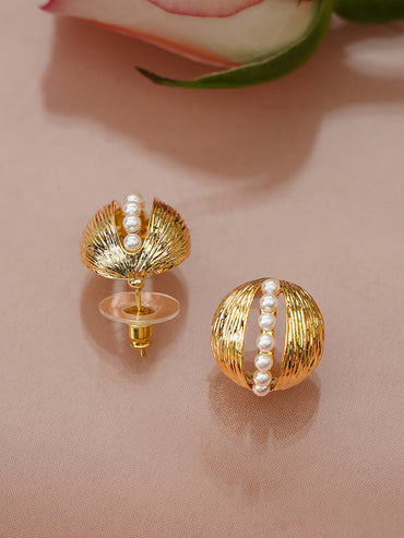 Gold Dome Stud Earrings With Pearls