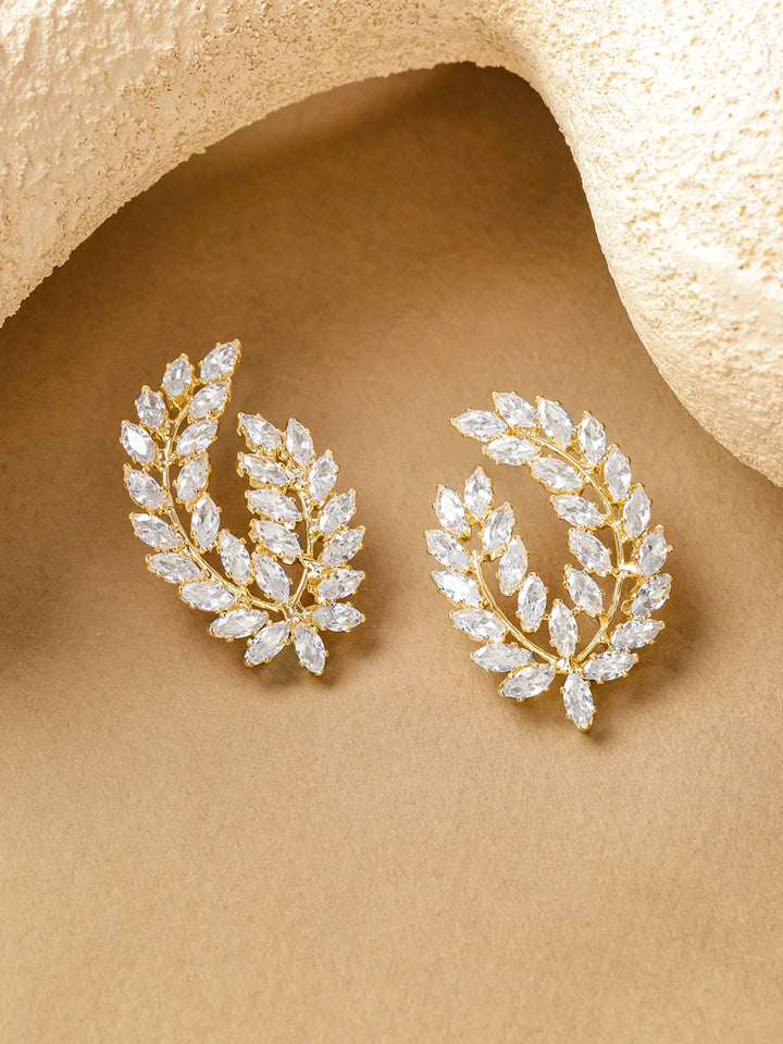 Rubans Gold-Plated Crystals Studded Leaf Shaped Studs