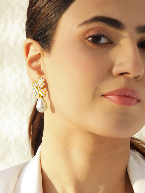 Crystal Studded Pearl Drop Earrings