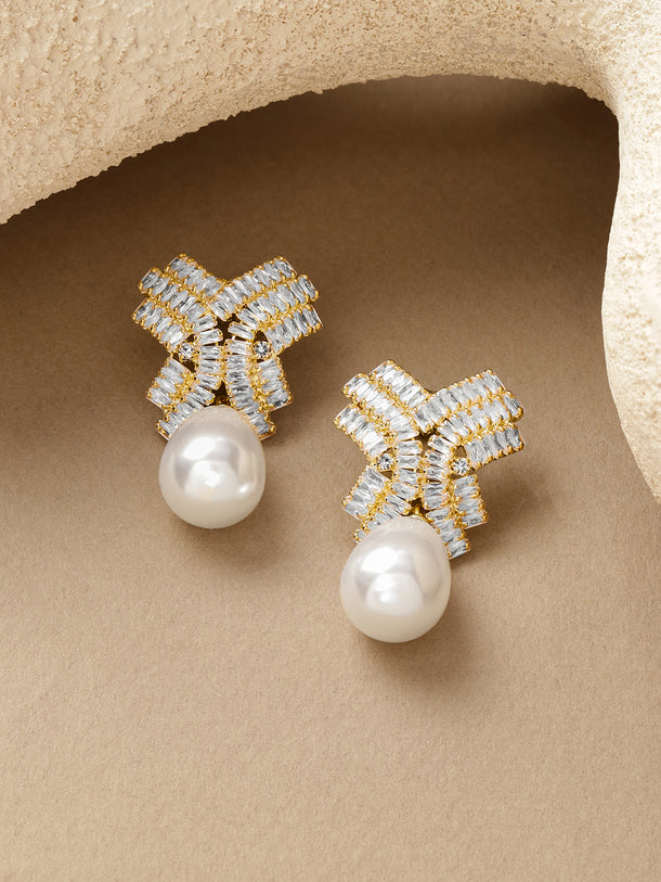 Crystal Studded Pearl Drop Earrings